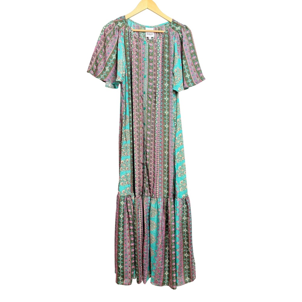 Raga Women Turquoise Pink Floral Paisley Tiered Maxi Dress Flutter Sleeve NWT S
